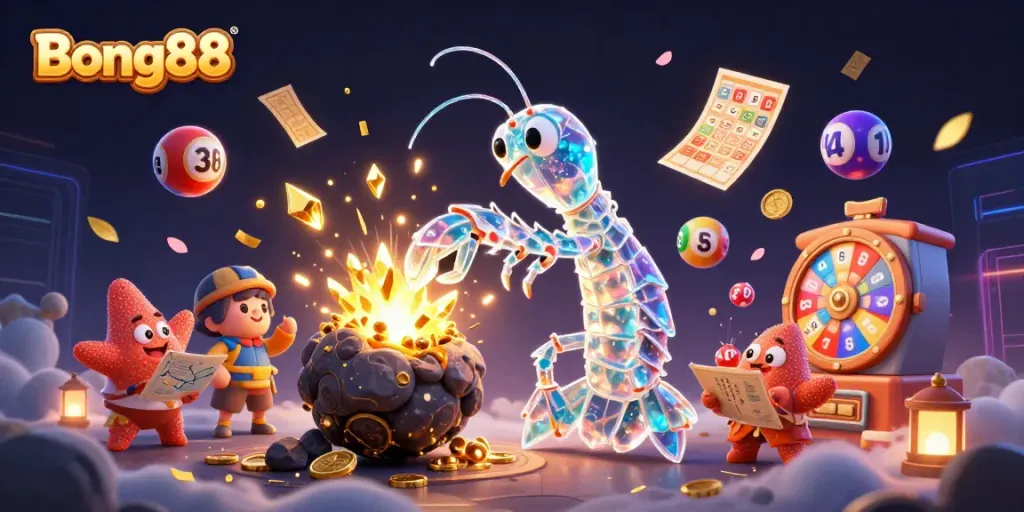Experience Bong88 with a dynamic scene of characters amidst lottery excitement, showcasing vibrant colors and detail.