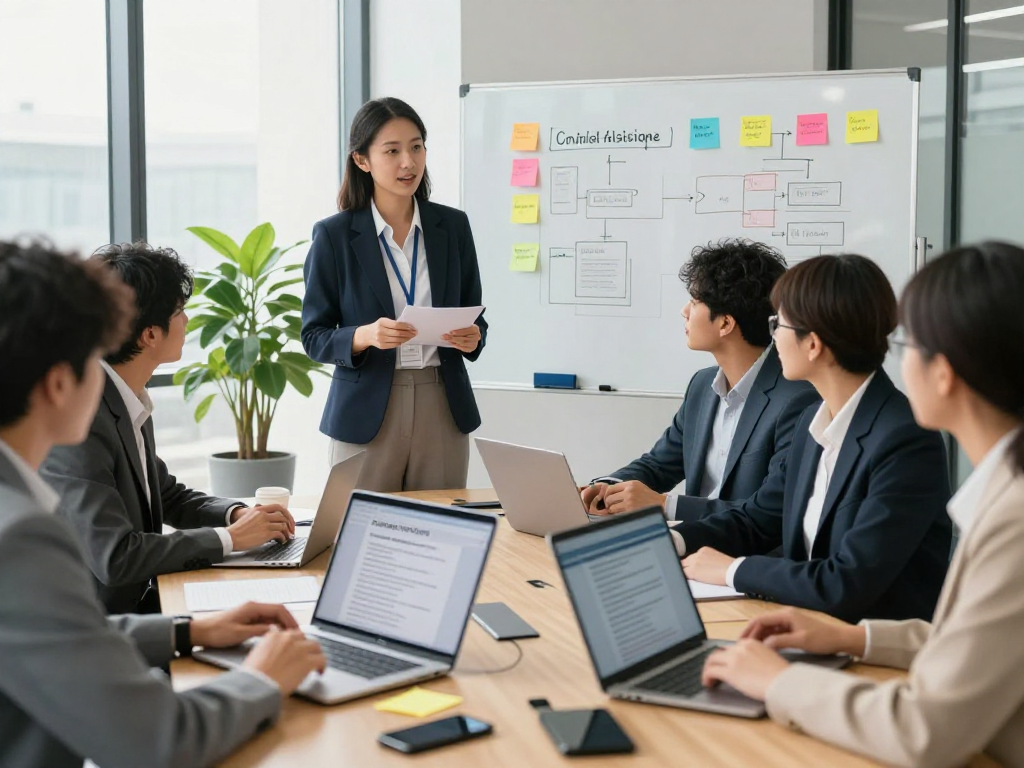 Branchenlösungen – Übersicht in a business consultation scene, highlighting teamwork on digital compliance.