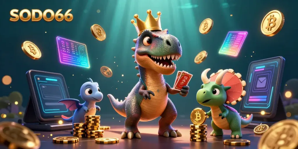 SODO66 promotes exciting online gaming with a T-Rex shuffling cards amid glowing crypto elements and sparkling gold.