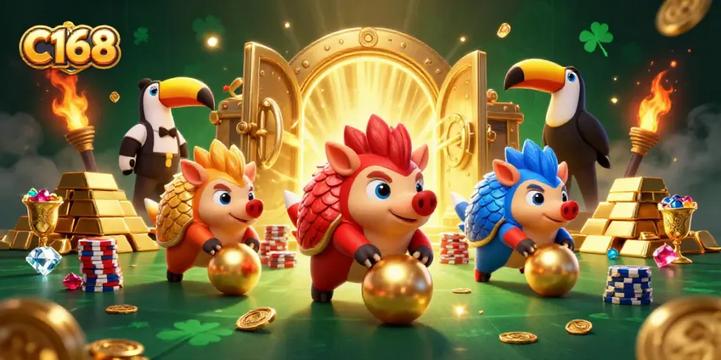 C168 rivals roll golden balls into stacks of poker chips, surrounded by treasure and confetti