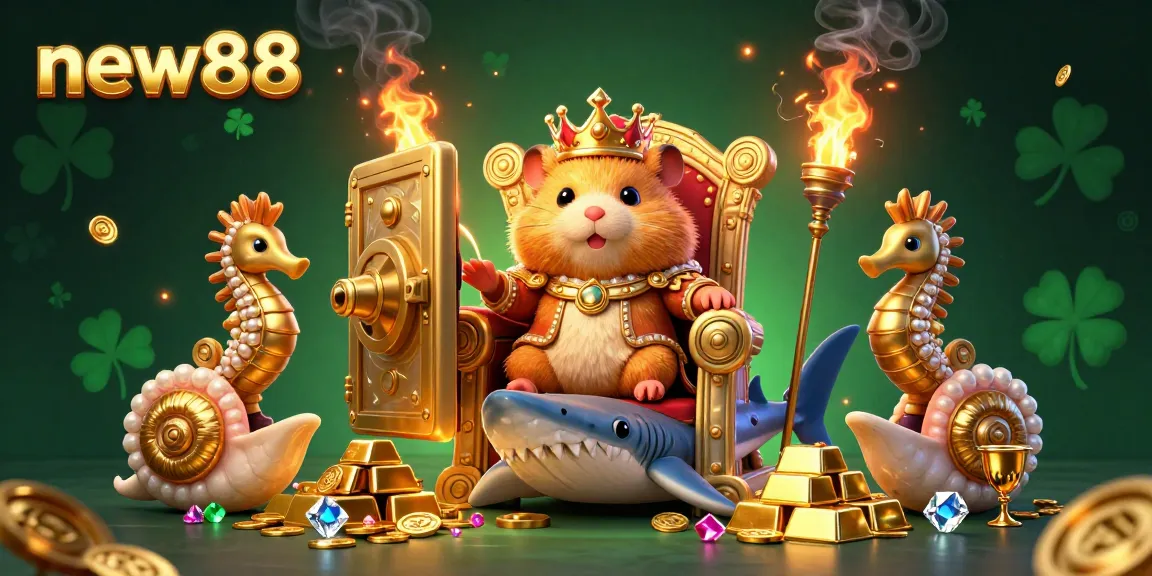Experience the excitement of new88 with a golden hamster king on a megalodon throne amidst treasures and gems.