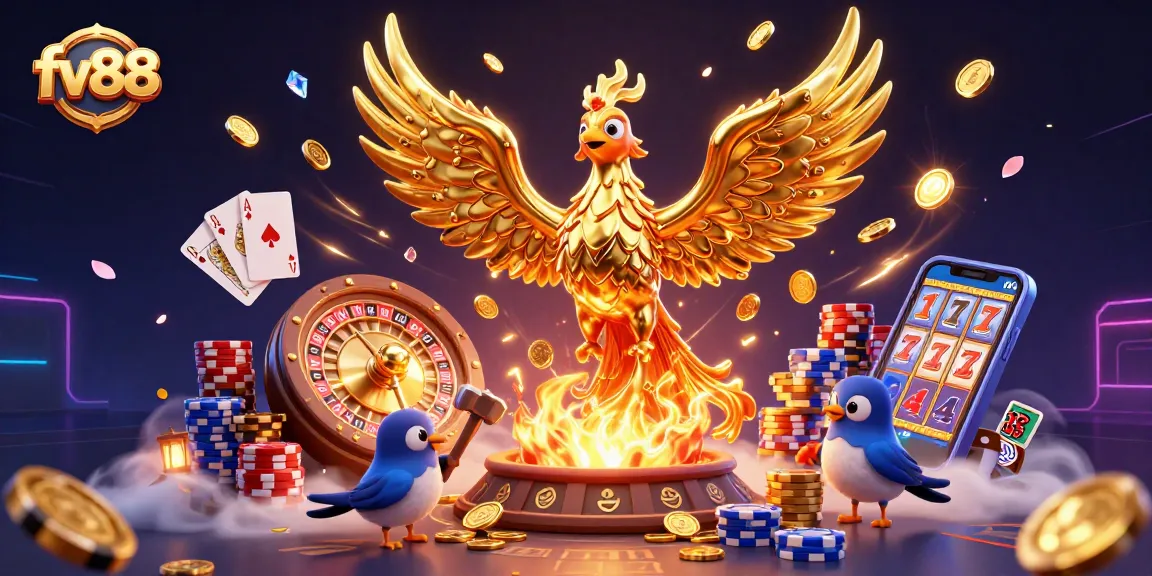 Experience the thrill of fv88 with a golden phoenix and vibrant casino elements in motion.