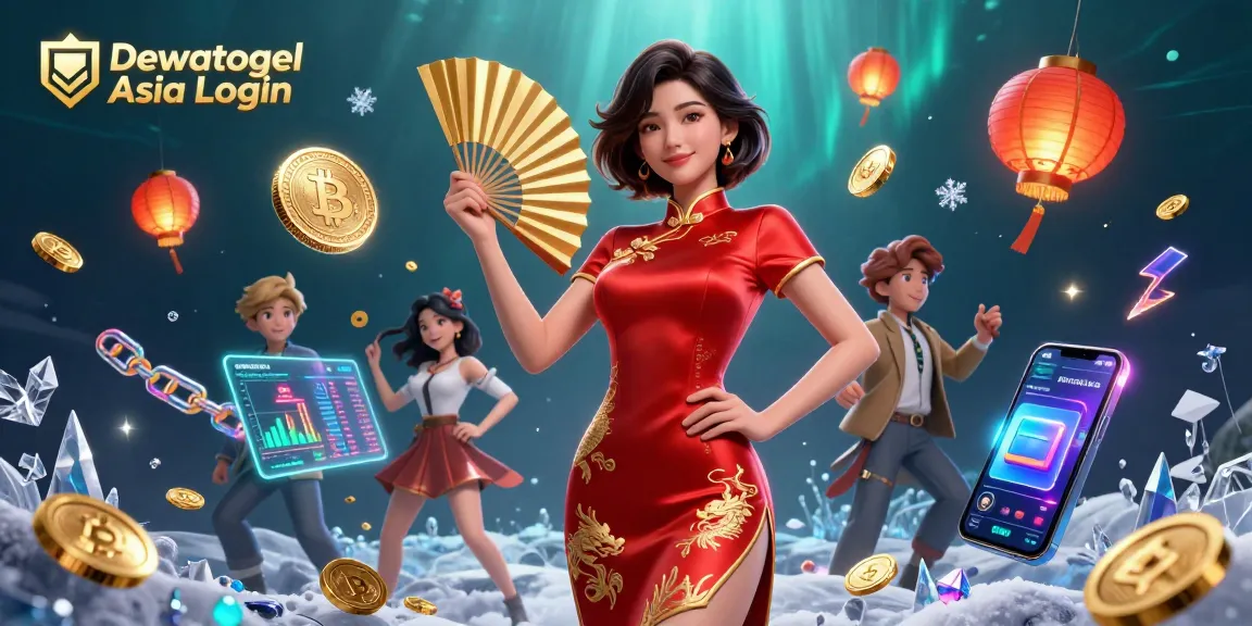 Dewatogel Asia Login provides a vibrant, detailed scene of a confident woman with golden fan surrounded by neon coins.