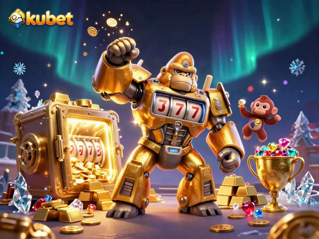 Experience the vibrant world of kubet with thrilling slot elements and a dynamic golden mech.