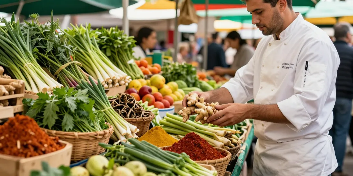 Fresh herbs and spices at a vibrant market, including ginger and lemongrass, highlighting delicious recipes and beneficial ingredients for healthy eating and cooking.