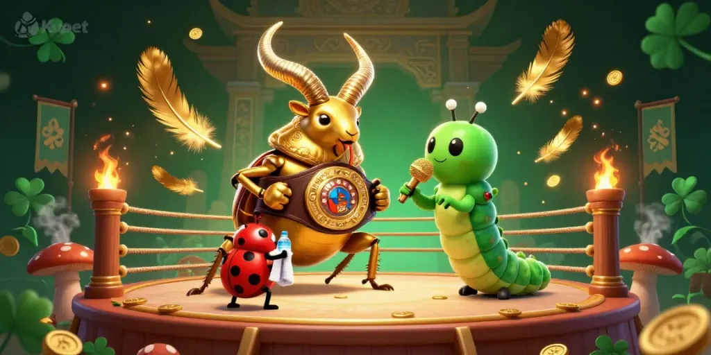 Kubet's vibrant online casino scene featuring a golden stag beetle boxer and companions.