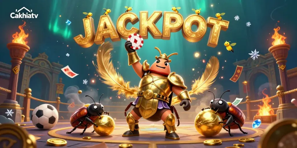 Cakhiatv captures the thrill of sports betting with vibrant characters and dynamic elements showcasing victory in a lively gambling scene.