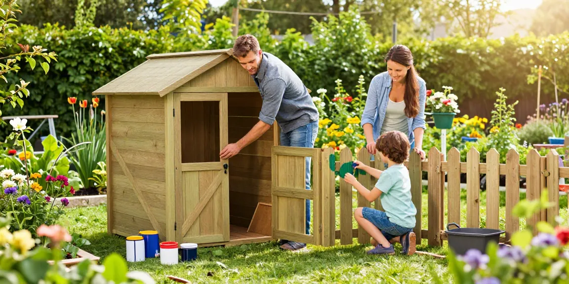 Entdecken Sie das perfekte Gartenhaus kaufen für Ihre Familie im sonnigen Garten mit blühenden Pflanzen.