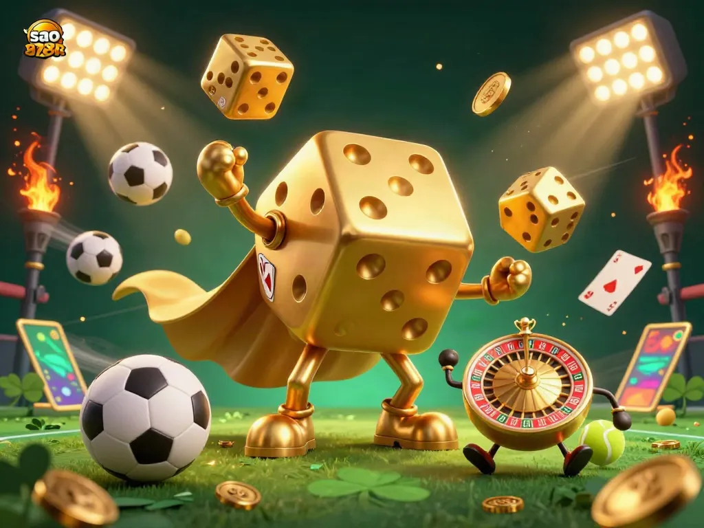 Engage with sao789's vibrant online gaming scene featuring golden dice, sports elements, and dynamic visuals.
