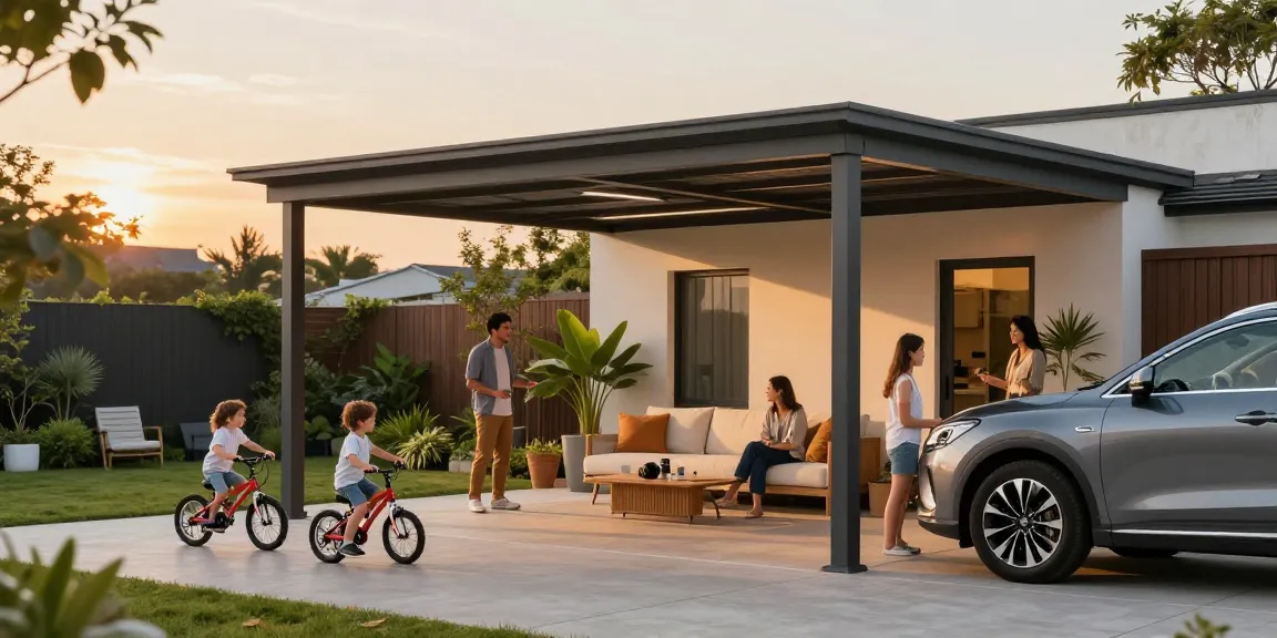 Moderne Carport-Landschaft mit spielenden Kindern und einer Familie, die zusammen sitzt.