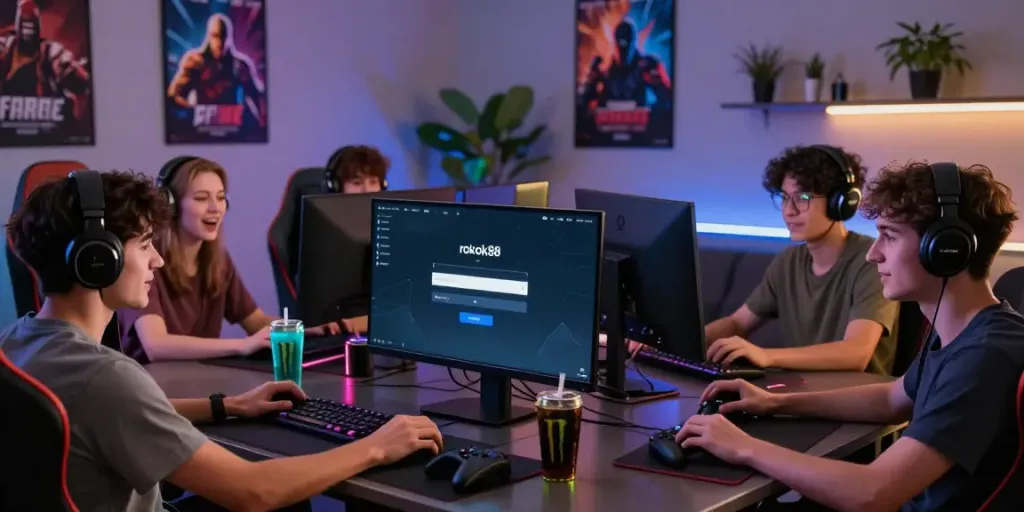 Friends enjoying gaming session with rokok88 login on screen, vibrant gaming setup.