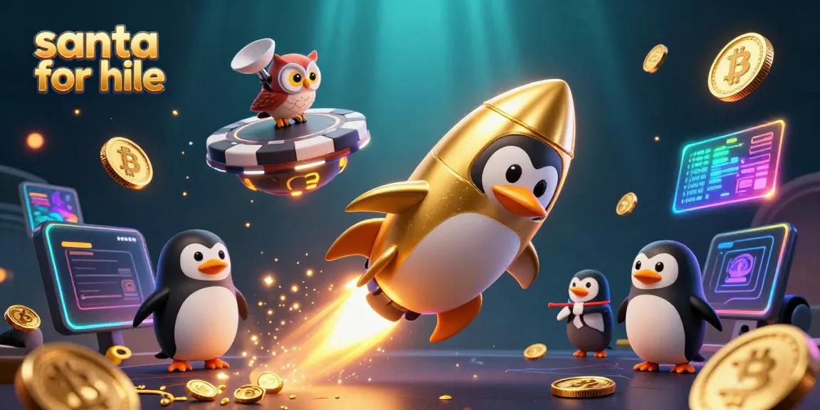 Engage in the festive spirit with a colorful Santa for hire scene, featuring a playful penguin and neon coins.