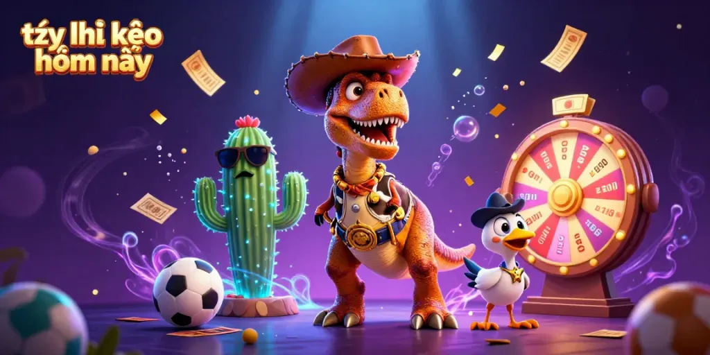 Engaging scene illustrating tỷ lệ kèo nhà cái hôm nay with dynamic sports betting elements, showcasing lively characters and colorful game accessories.