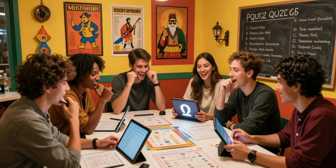 Begeisterte Freunde beim Quiz Allgemeinwissen, lachen und diskutieren Fragen in historischem Ambiente.