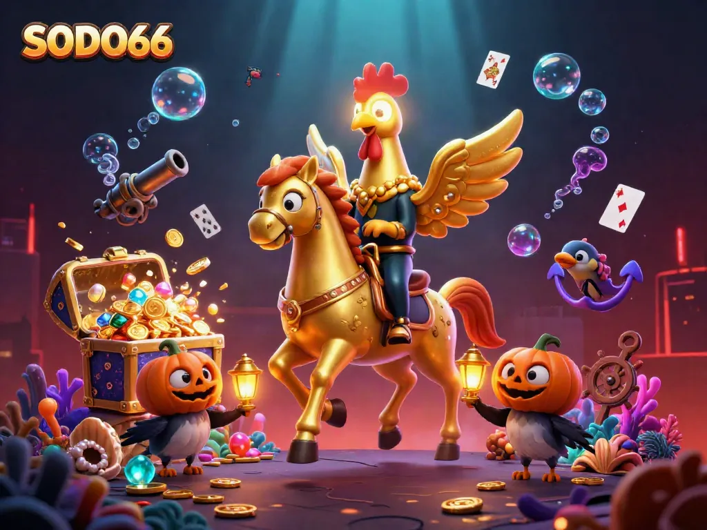 Experience the thrilling SODO66 casino adventure with our golden rooster character and shimmering treasures.