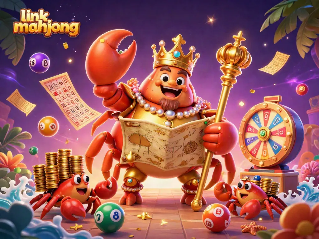 Play link mahjong with a vibrant 3D illustration depicting a golden crab emperor and lively gaming elements.