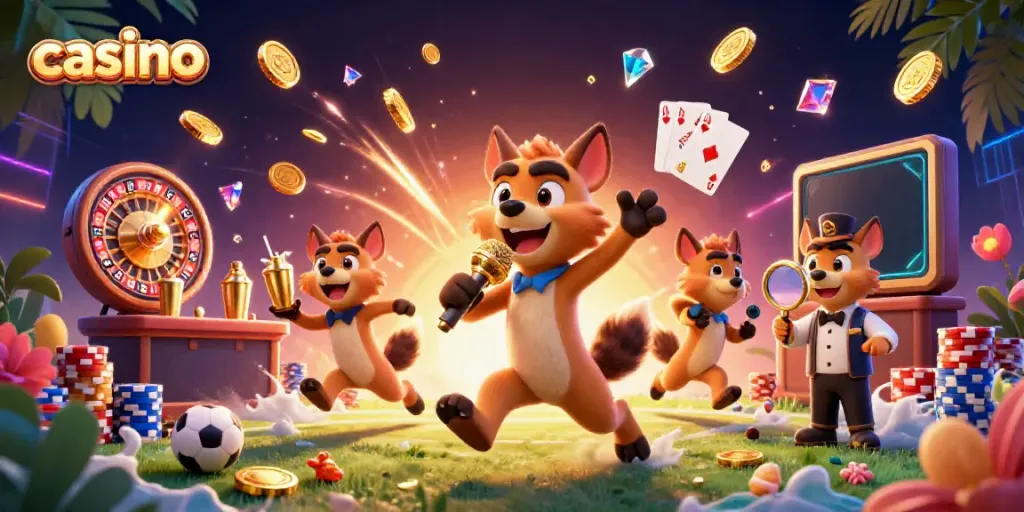Experience a vibrant casino scene with hyenas, golden coins, and sports elements.