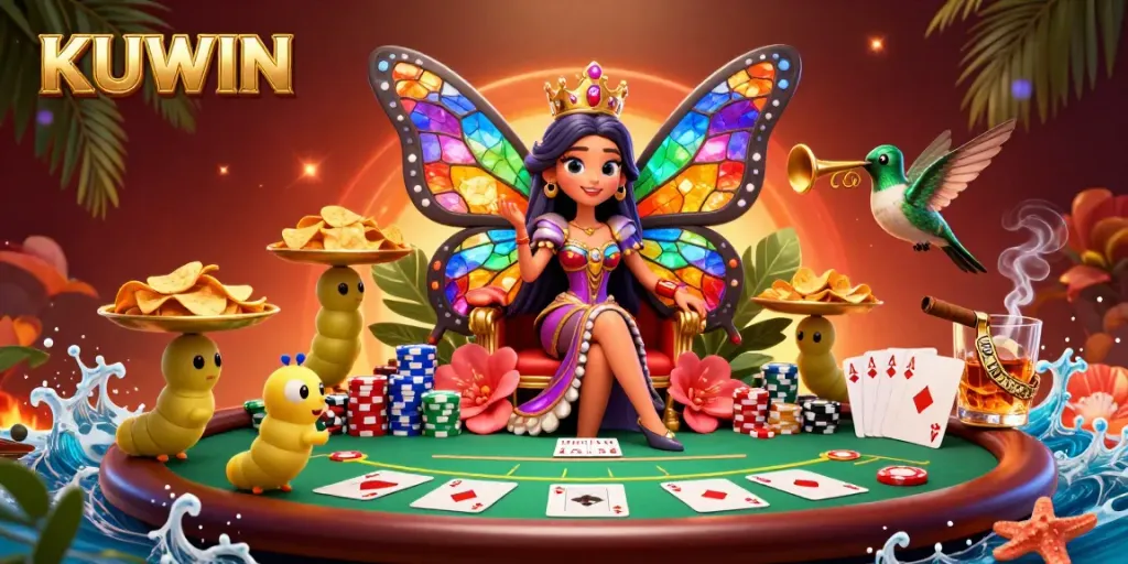 Experience the vibrant world of KUWIN with a colorful 3D casino scene featuring intricate poker elements.