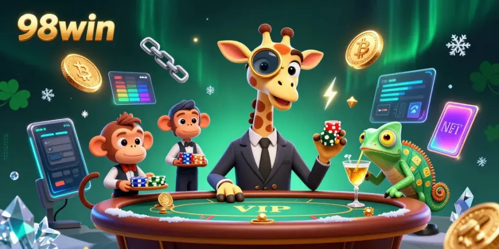 Experience the thrilling casino vibes at 98win with a stylish giraffe and monkey duo around a poker table.