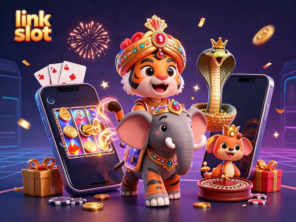 Experience winning thrills with link slot, featuring a vibrant casino scene of a regal tiger and adorned elephant.