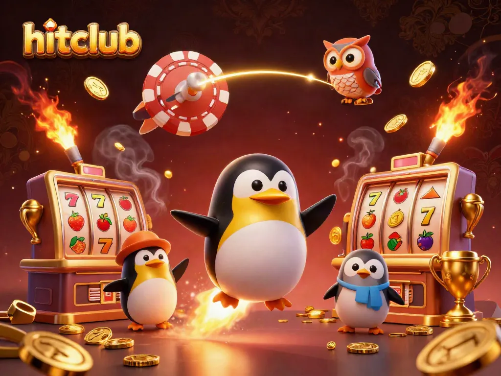 Hitclub gamers enjoy immersive slot action with a dynamic 3D scene featuring a golden penguin in a cosmic casino setting.