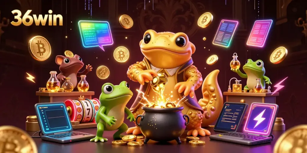 Experience thrilling gameplay with 36win as golden coins and neon elements swirl in an animated scene.