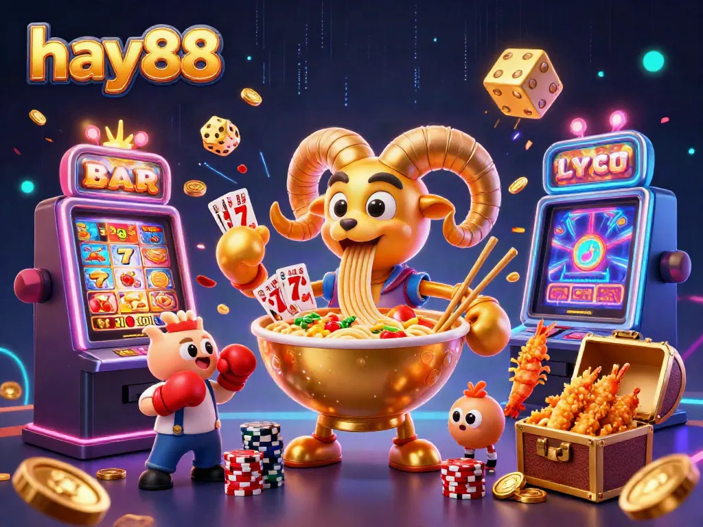 Experience excitement at hay88 with a vibrant, cartoonish casino scene featuring a golden ramen bowl dealer.