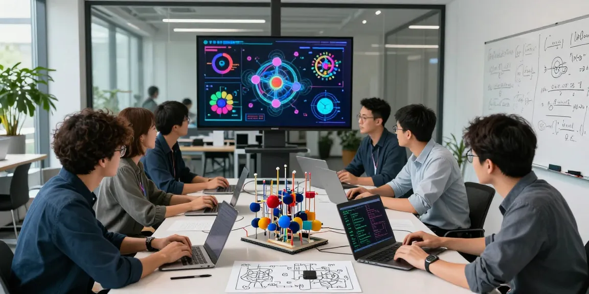 Engineers collaborating on quantum computing innovations in a modern office, showcasing advanced technology and teamwork.