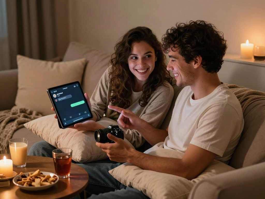 Cozy couple enjoying a horny AI chat on a tablet in a romantic setting.