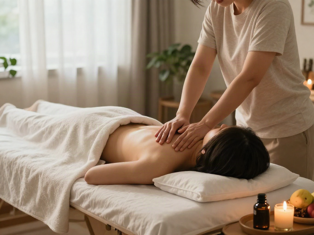 Comfortable home massage therapy scene during 성남출장안마 relaxation session with soothing oils and warm light.