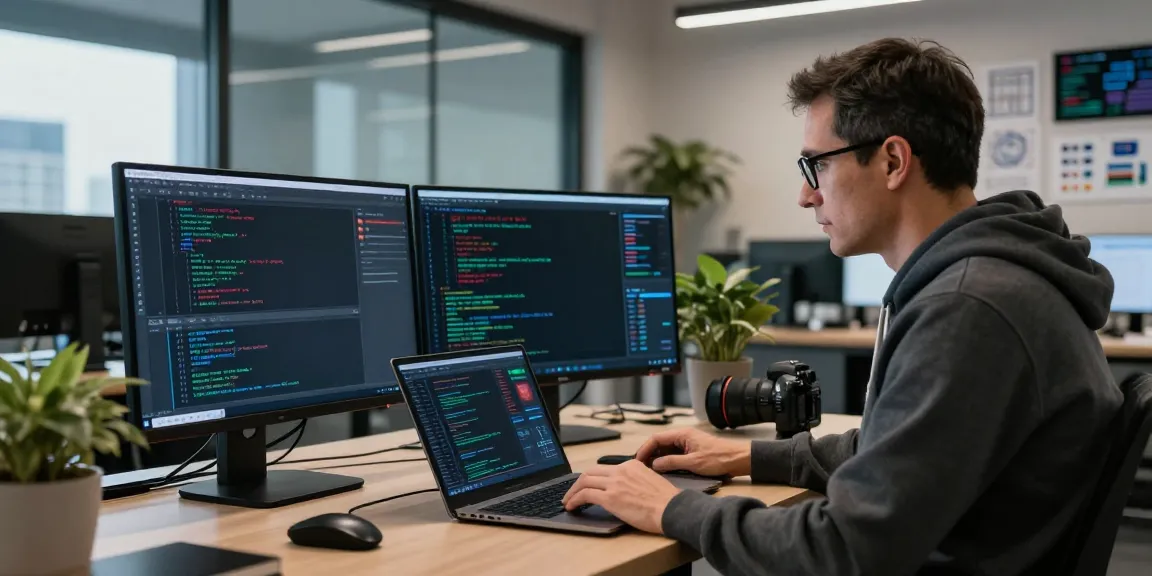 Cybersecurity analyst monitoring new cybersecurity news on multiple screens in a modern workspace.