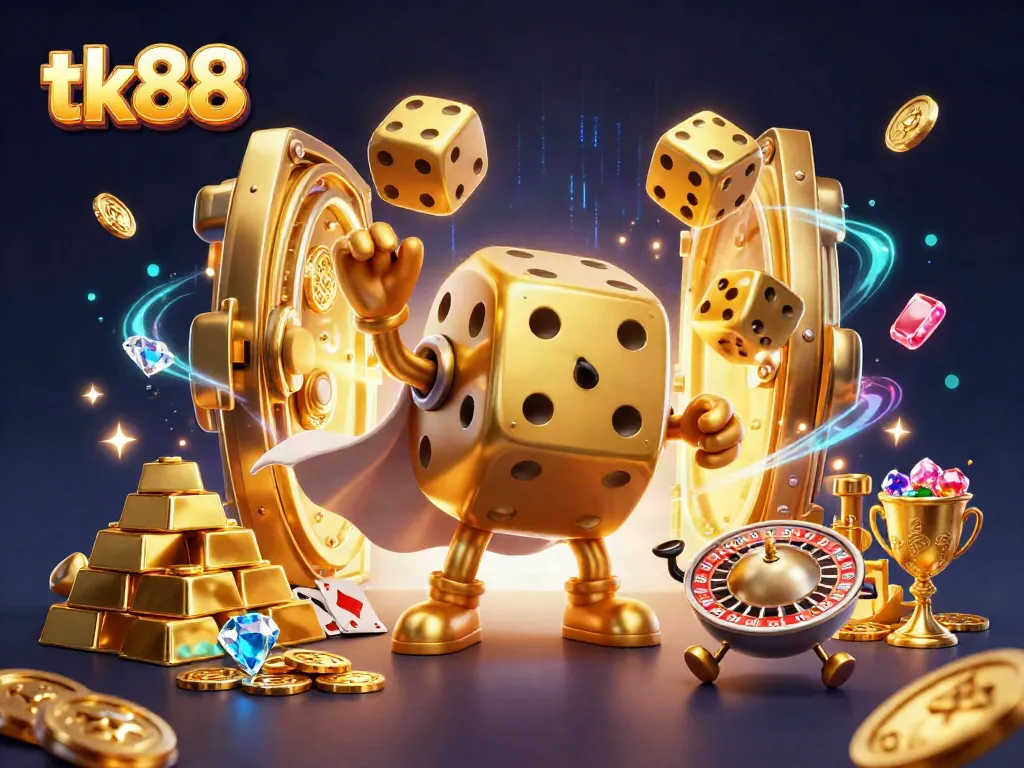 Experience the excitement of tk88 with vibrant golem characters amidst gold and jewels in a dynamic casino scene.