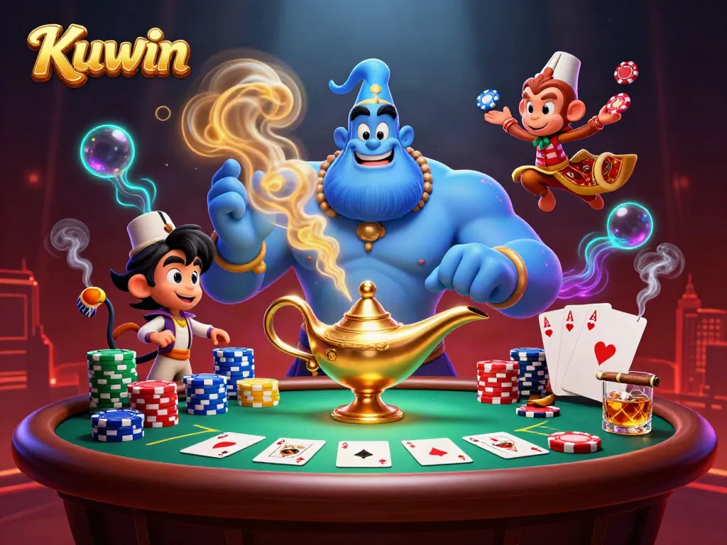 Engage with Kuwin's vibrant 3D casino illustration featuring a genie, monkey, and poker elements.