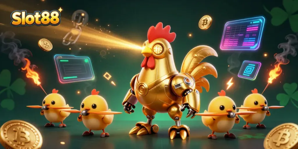 Experience the thrilling adventure of Slot88 with a futuristic golden rooster robot amidst glowing crypto elements.