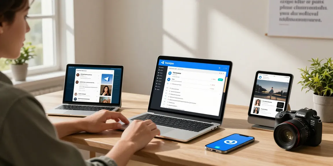 Engaging with Telegram Chinese interface on a sleek desk showcasing modern tech gadgets.