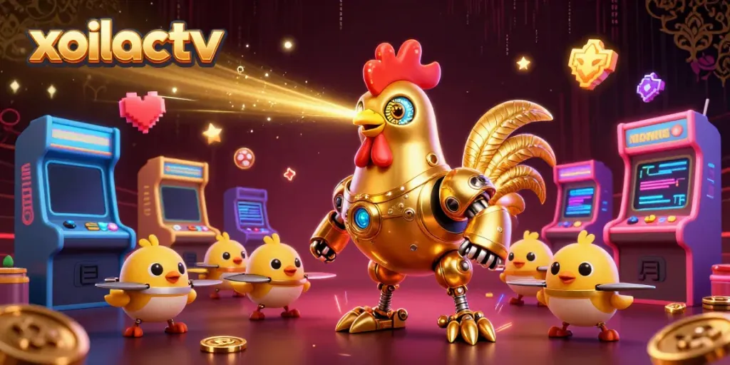 Engage in the excitement of xoilactv with a dynamic illustration featuring futuristic robots and arcade elements.