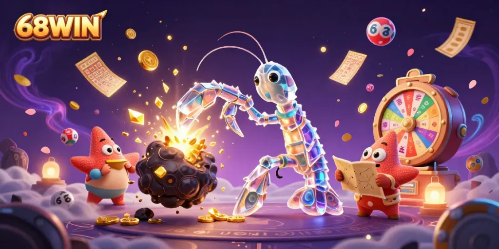 Experience the thrill of 68WIN with a vivid scene of a mantis shrimp amid a casino adventure.