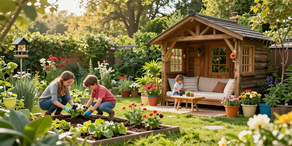 Gartenhäuser aus Holz in einer einladenden Gartenlandschaft mit blühenden Pflanzen und Familienaktivitäten.