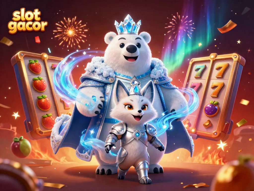 Experience the thrill of slot gacor with vivid characters and dynamic casino elements in this enchanting illustration.
