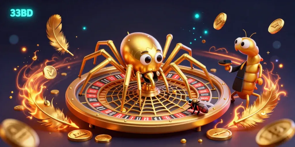 Experience the excitement at 33BD with a golden spider spinning a roulette wheel web in this vibrant illustration.