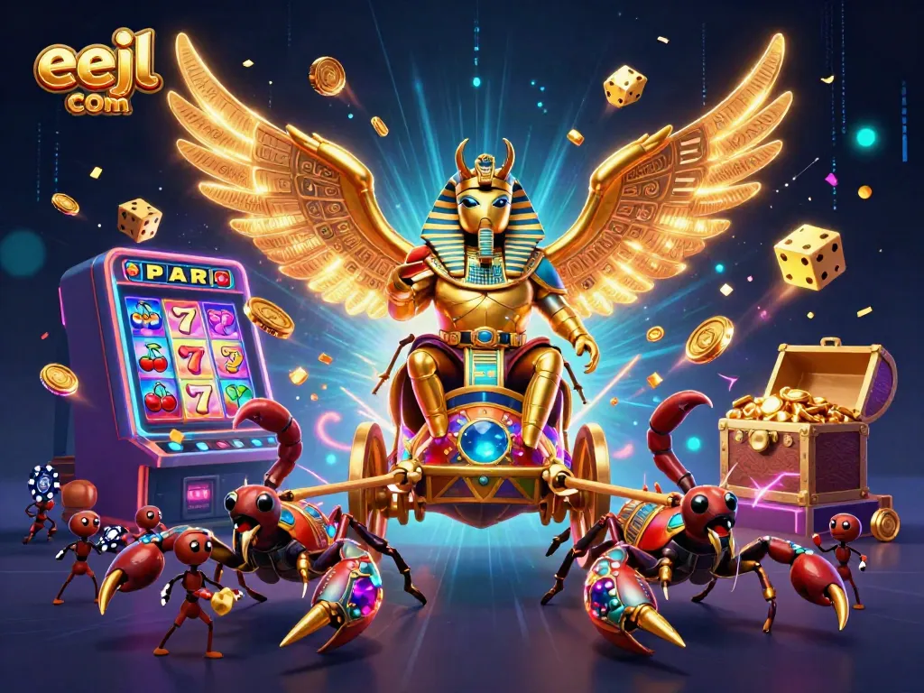 Experience eejl com with an energetic casino-themed illustration showcasing a scarab beetle in a dynamic scene.