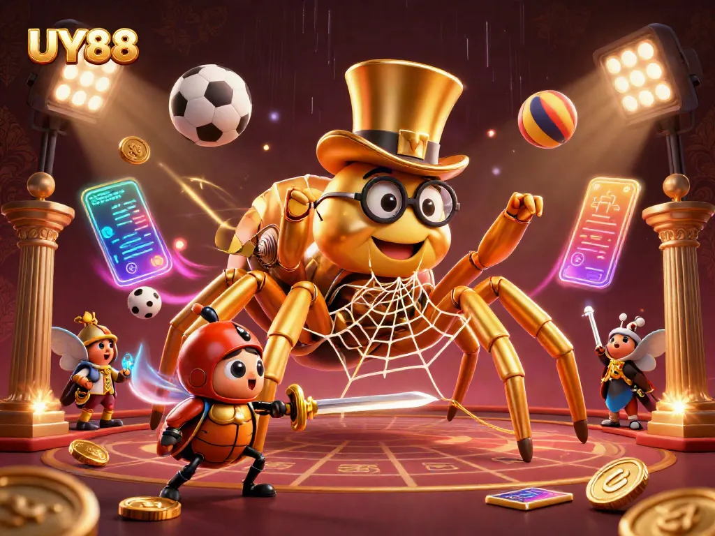 Experience the thrill of UY88 with a vibrant 3D casino illustration showcasing unique characters and dynamic gaming elements.