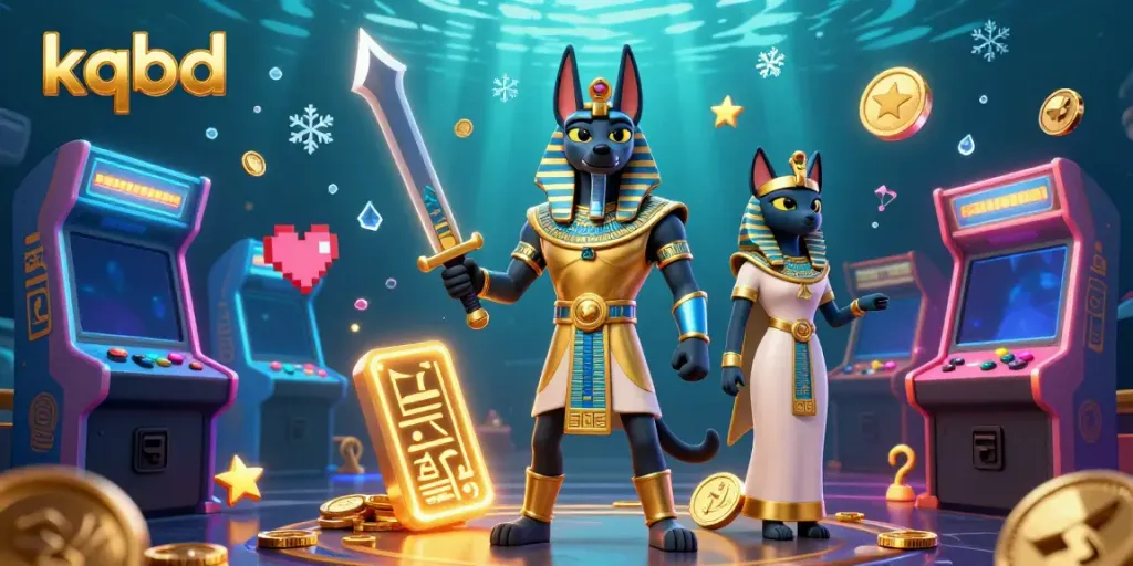 A thrilling kqbd scene showcases Anubis and Bastet in a casino game environment with vibrant elements.