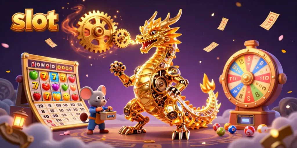 Experience thrilling slots with a mechanical dragon and animated game elements in a vibrant casino scene.
