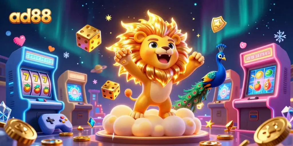 Experience thrilling wins with ad88's vibrant 3D casino illustration featuring a roaring lion and golden dice.