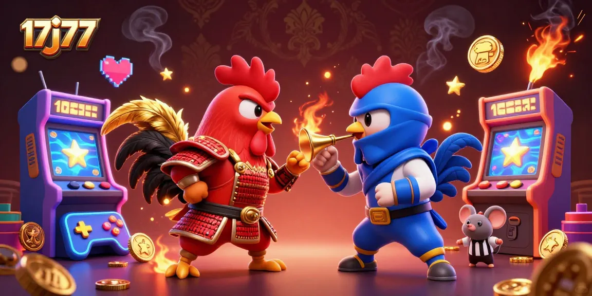 Engage with dynamic 17j77 action featuring fighting roosters and colorful gaming elements in a galactic casino