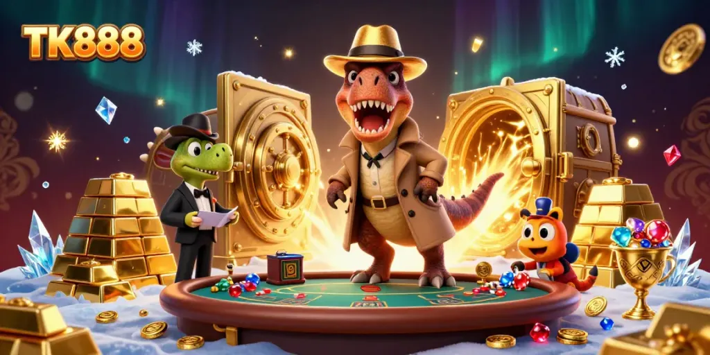 Engage in fun gameplay with TK888 featuring a velociraptor card counter at a blackjack table surrounded by treasure.