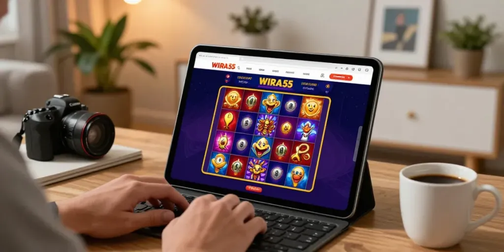 Pengguna WIRA55 judi slot online menggunakan tablet dengan antarmuka permainan yang berwarna-warni.