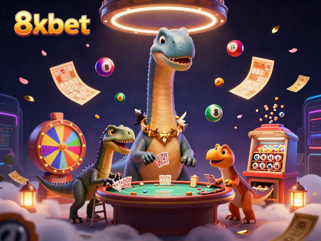 Experience the thrill of 8xbet with dinosaurs and dynamic gaming elements in this vibrant illustration.