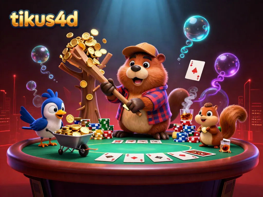 Experience exciting gaming with tikus4d as our beaver character collects golden coins at the poker table.